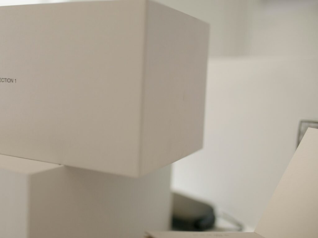 A white product box on a table