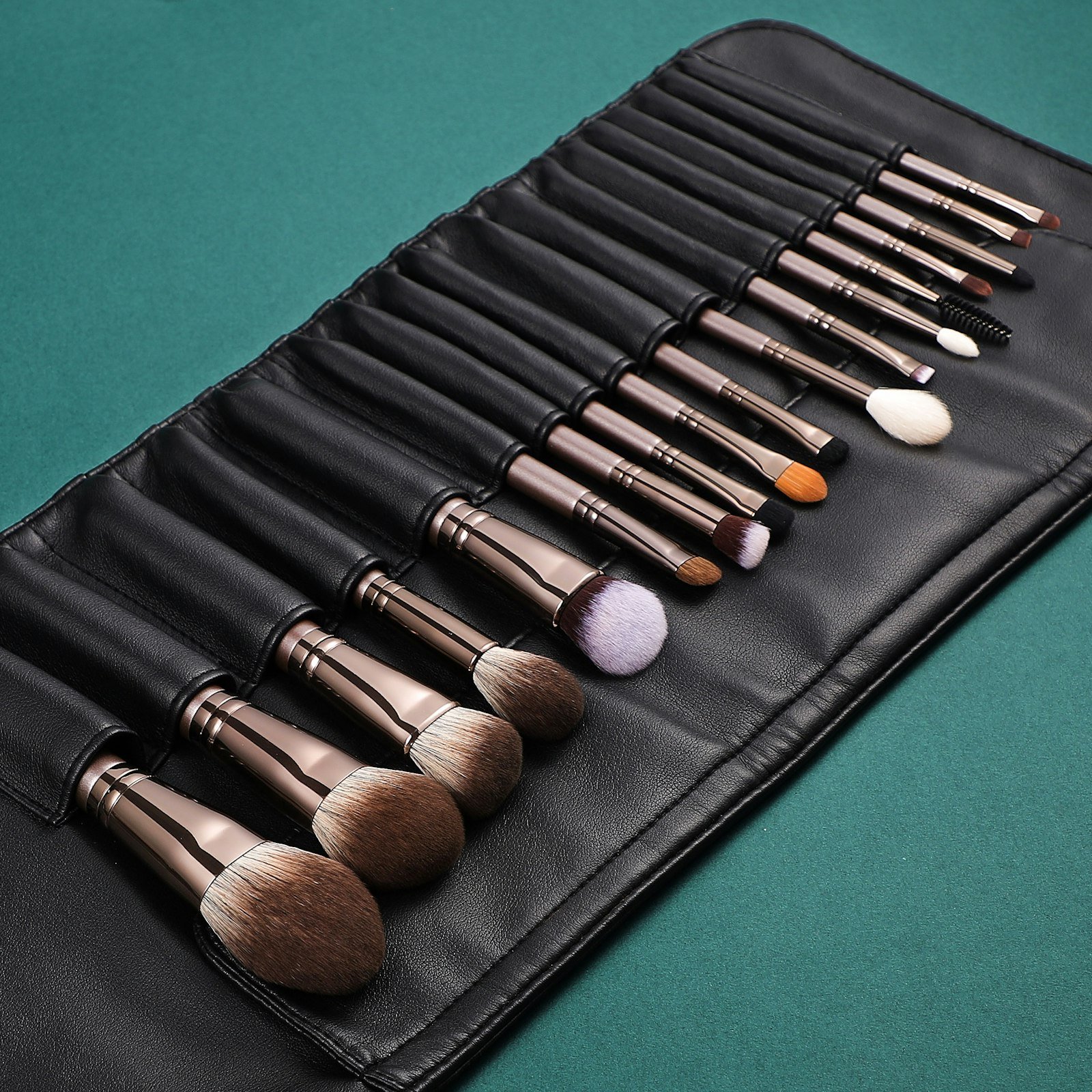 Makeup brushes in a roll-up case