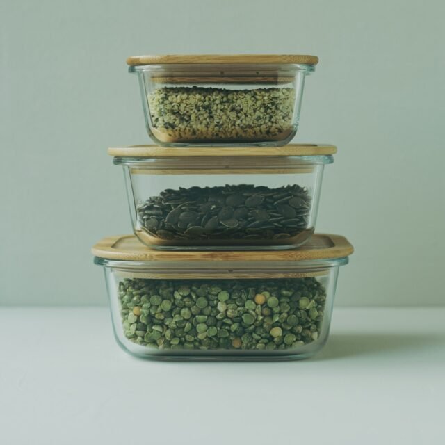 Stacked glass food storage containers with lids