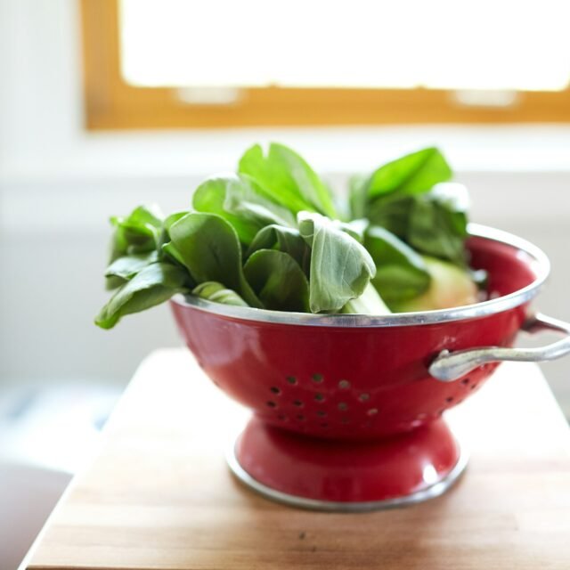 Red colander strainer with fresh greens