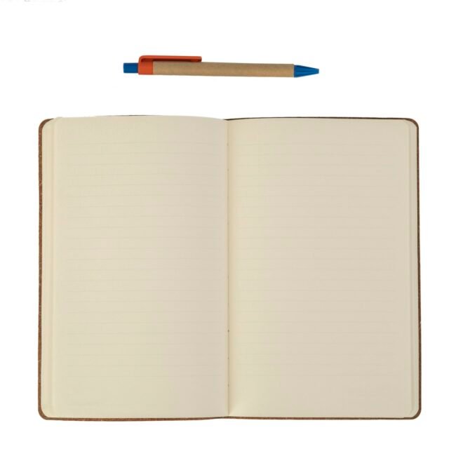 Open notebook with a pen