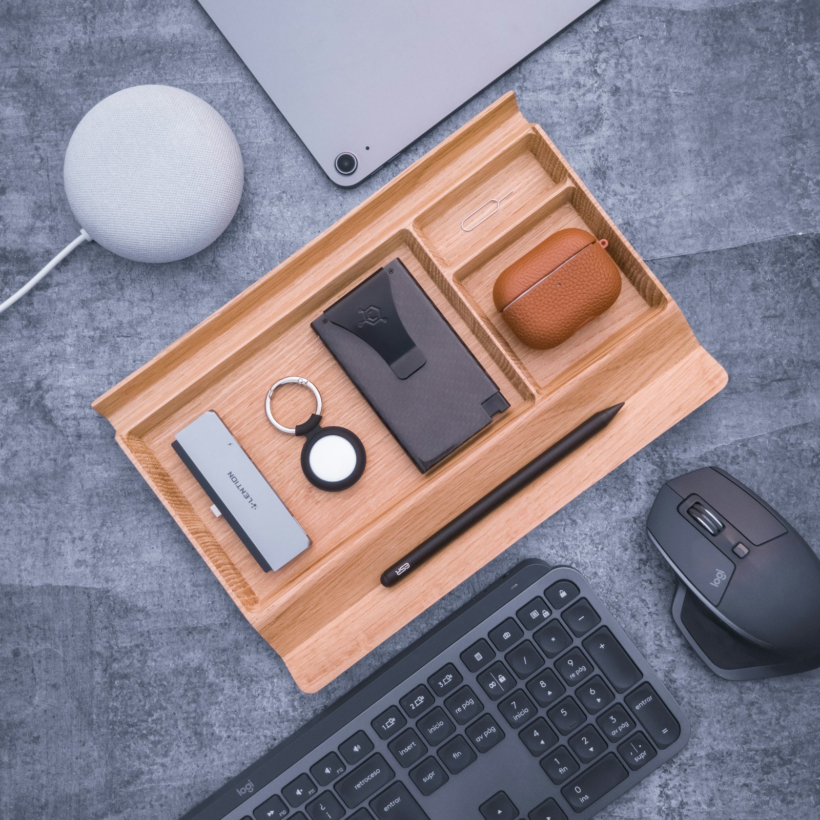 Wooden desk organizer tray on a desk