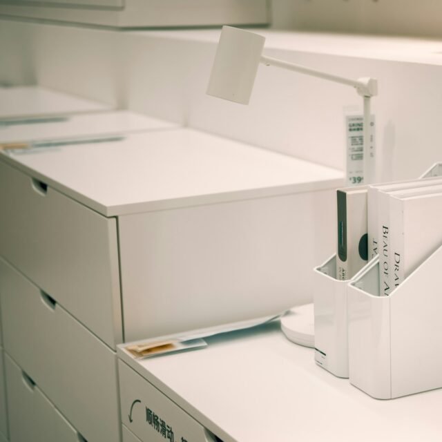 White desk organizer with files