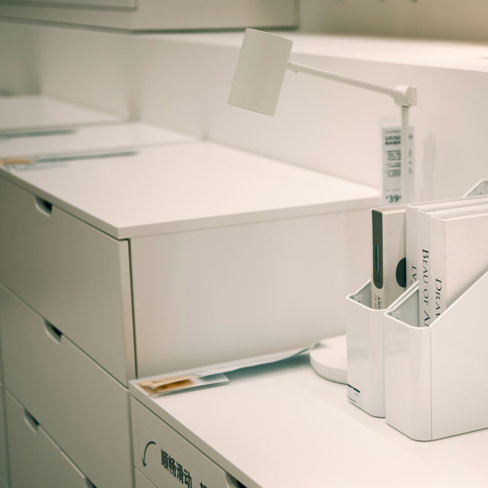 White desk organizer with files