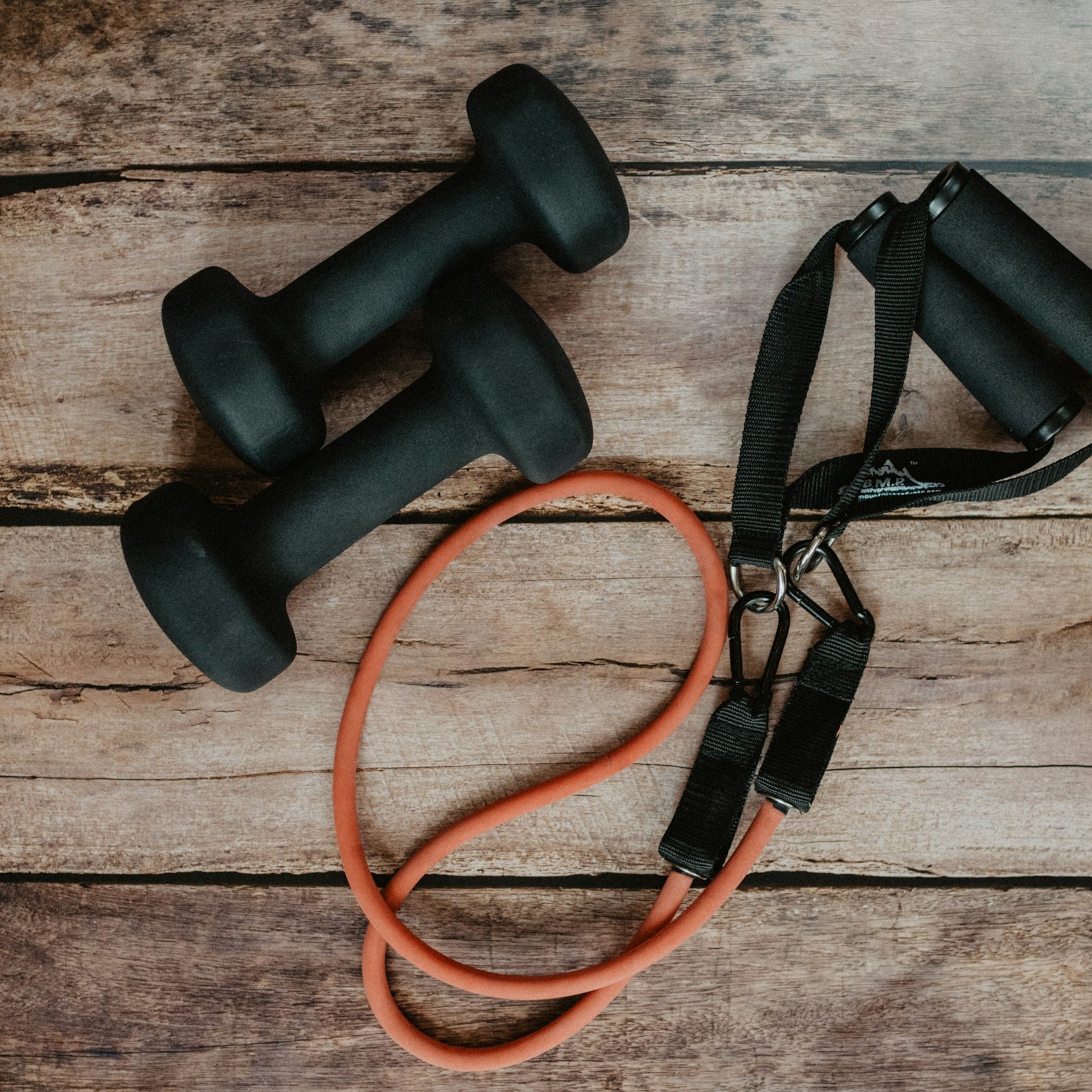 Resistance band and dumbbells
