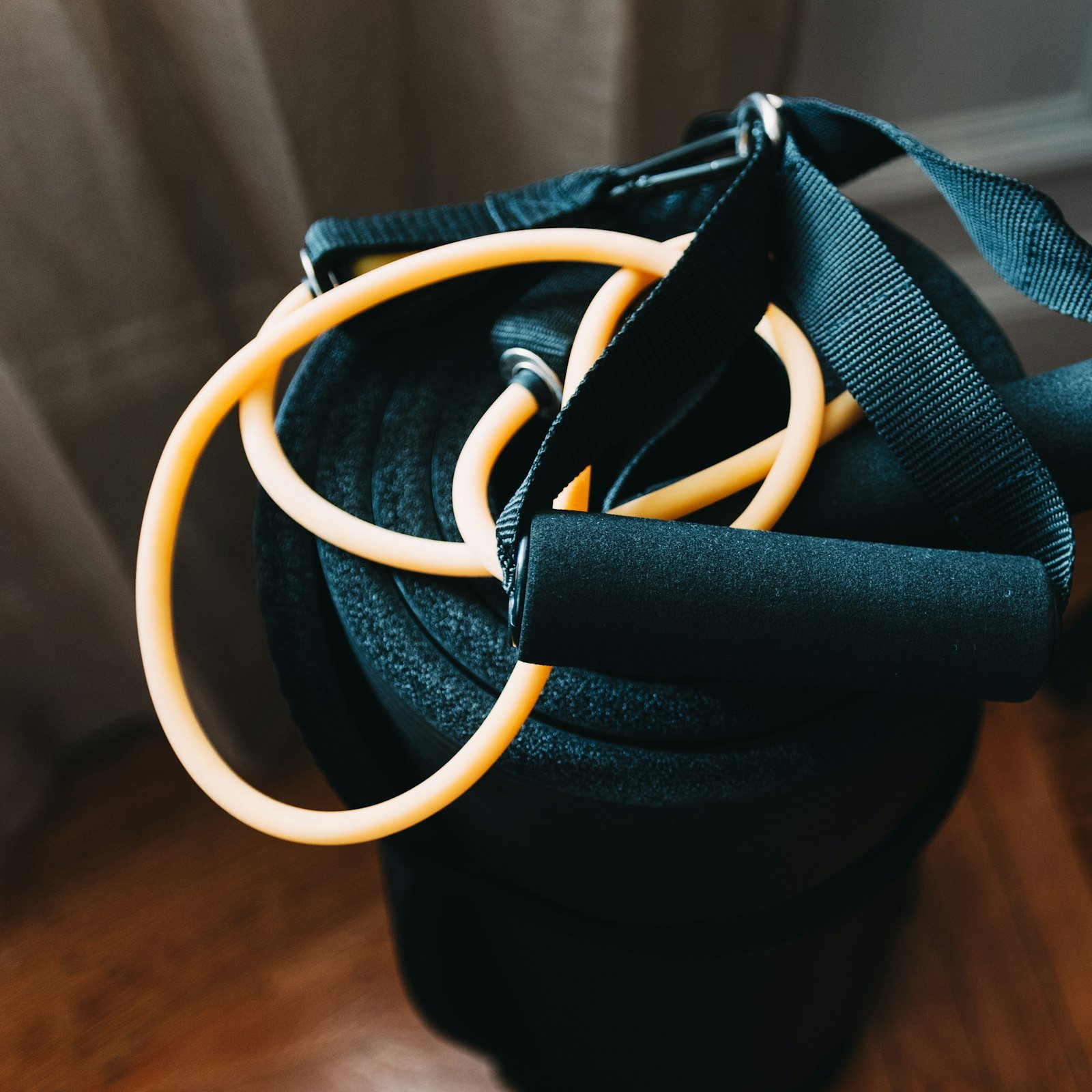 Resistance bands in a gym bag